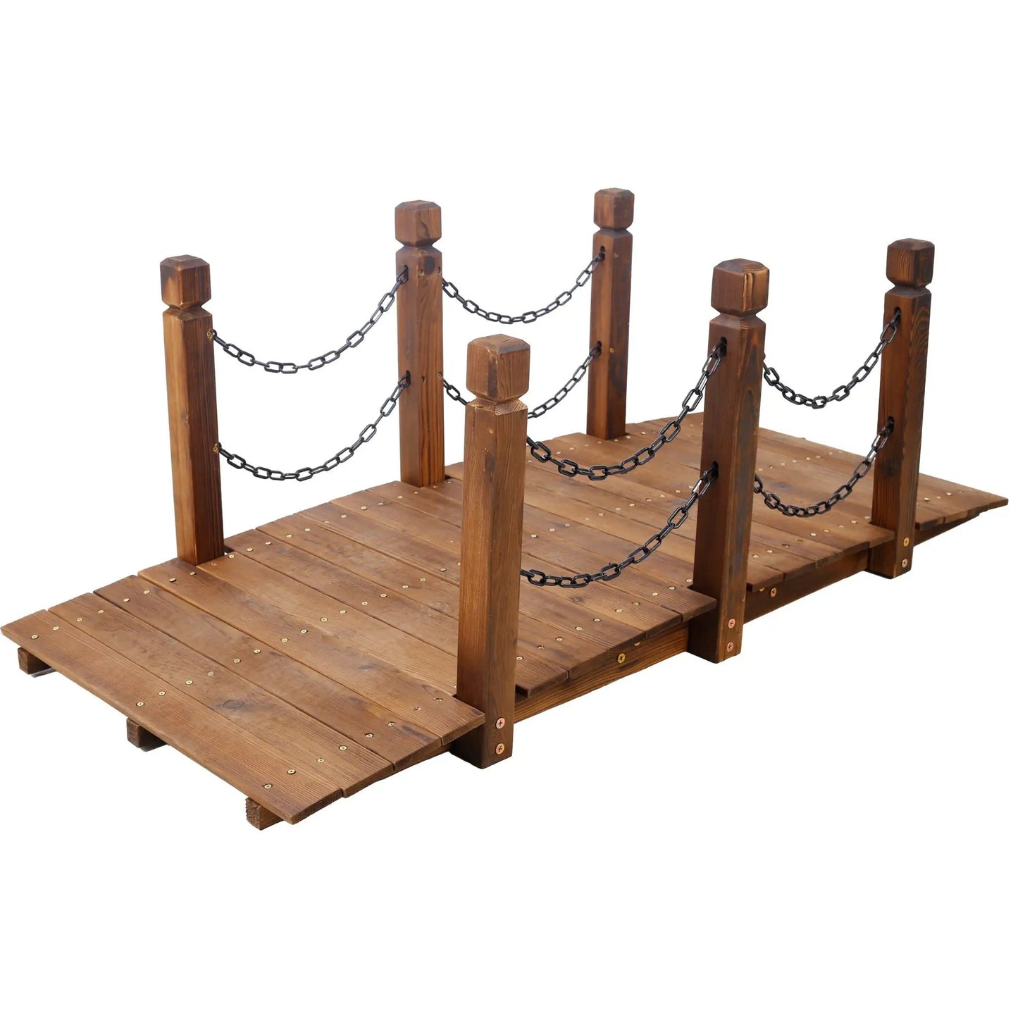 Wooden Arc Footbridge With Chain Railings Brown