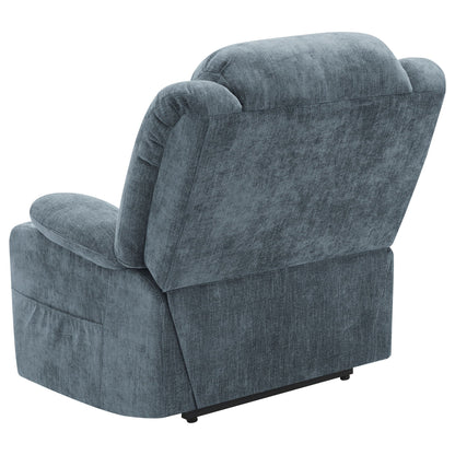 Beca upholstered power lift recliner by HouseOfZazla in blue denim fabric with cushioned arms on Tampa Home & Garden Store