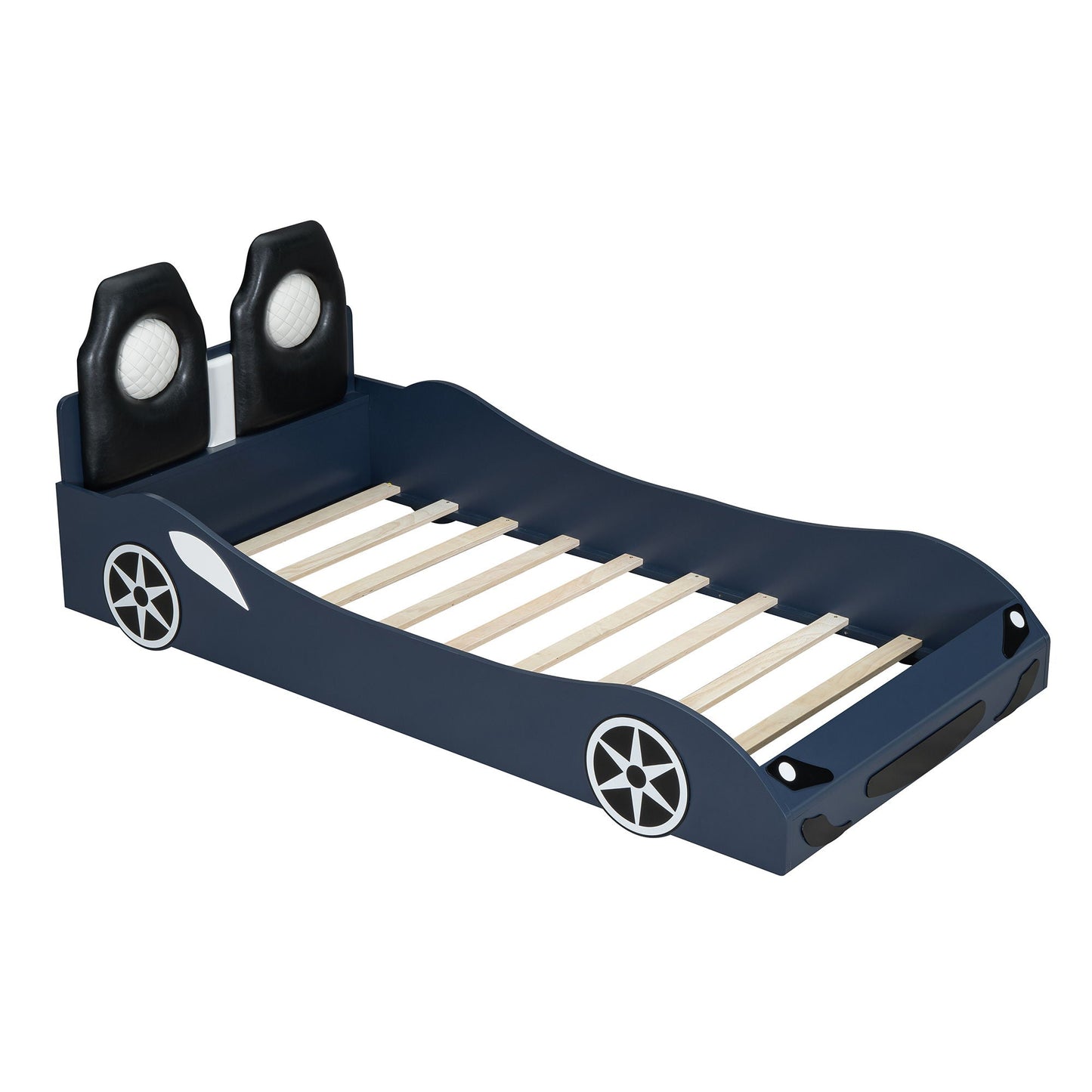 Race car shaped platform bed with blue frame, black headrests, white quilted, wheel decals on Tampa Home & Garden Store