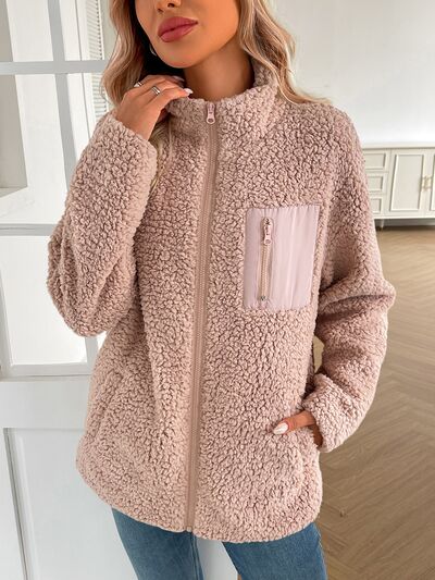 Winter warm zip-up long sleeve jacket beige fuzzy sherpa with pink chest pocket Stevvex on Tampa Home & Garden Store