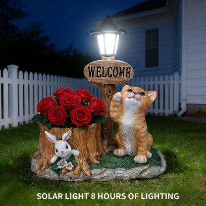 Cat Planter Statue with welcome sign and lantern, red roses, cat and bunny statues HouseOfZazla on Tampa Home & Garden Store