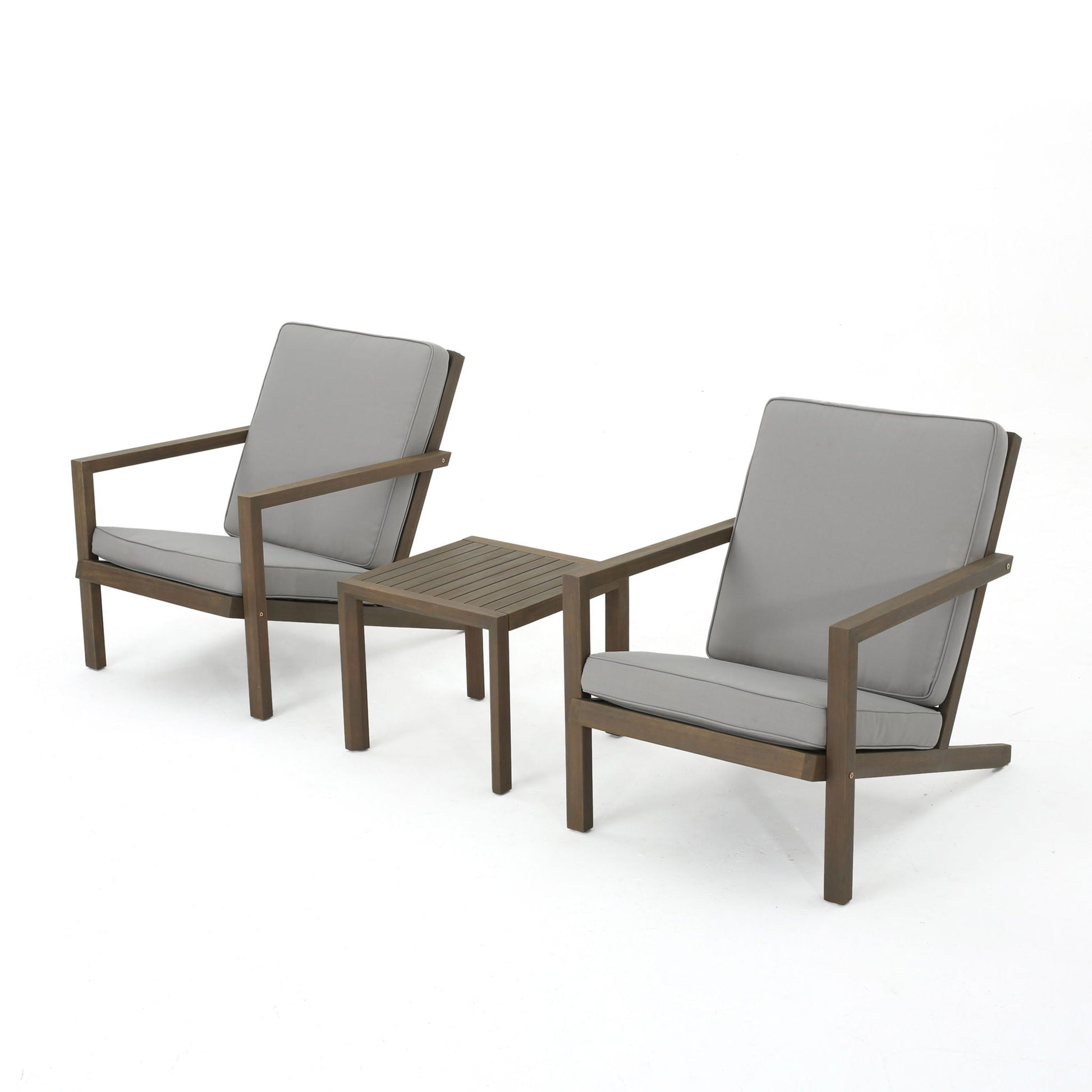 Celestaria 3-Piece Chat Set by HouseOfZazla with 2 Adirondack chairs and side table gray cushions on Tampa Home & Garden Store