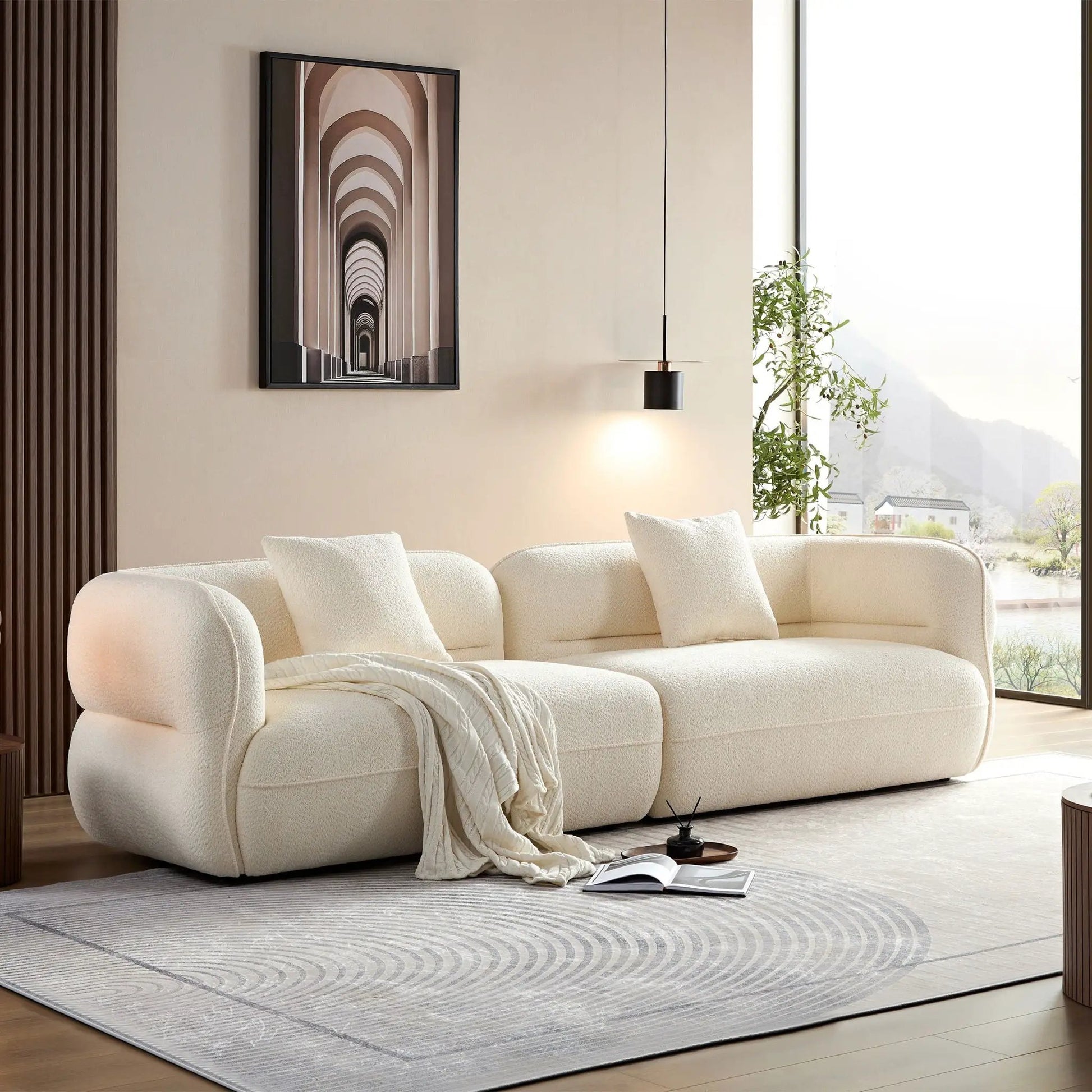 Sectional sofa cream fabric with solid wood frame and high-density cushions by Unique Piece on Tampa Home & Garden Store