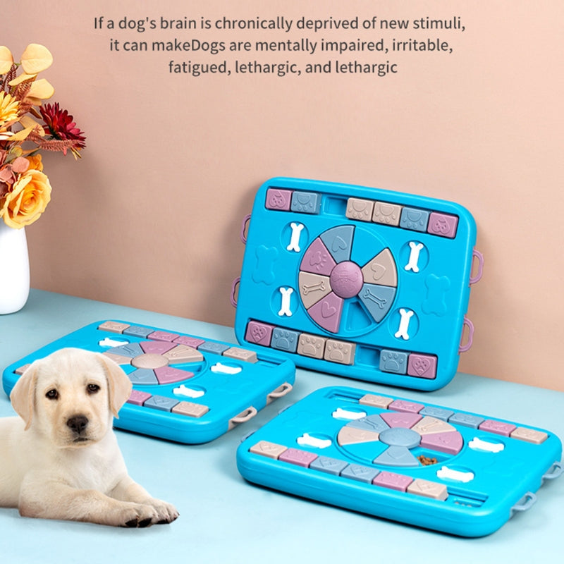 Blue interactive dog puzzle boards with rotating wheel and bone shapes; three boards shown on Tampa Home & Garden Store