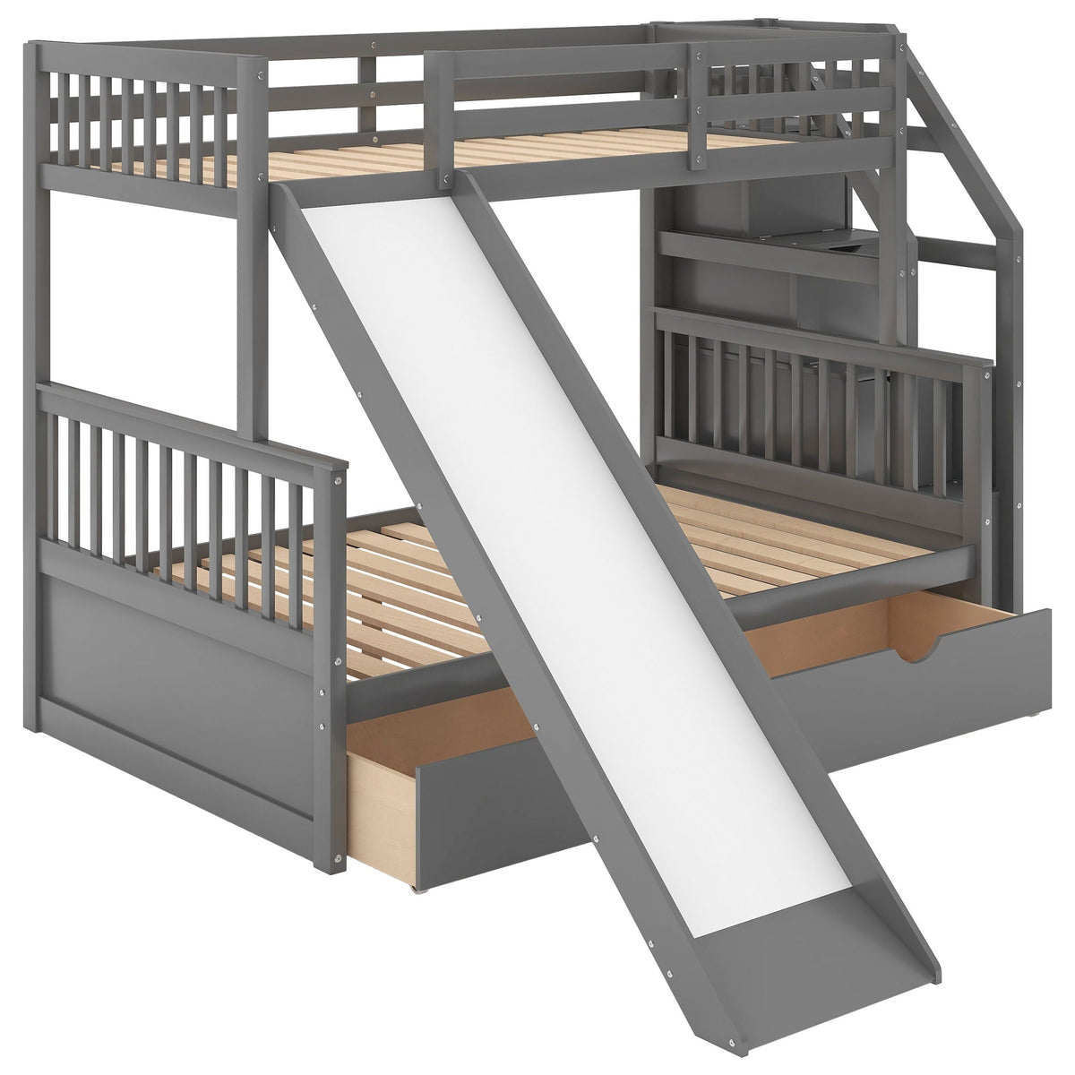 Bunk bed with storage staircase, slide, desk, drawers, and shelves in gray by HouseOfZazla on Tampa Home & Garden Store