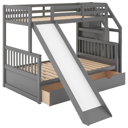 Bunk bed with storage staircase, slide, desk, drawers, and shelves in gray by HouseOfZazla on Tampa Home & Garden Store