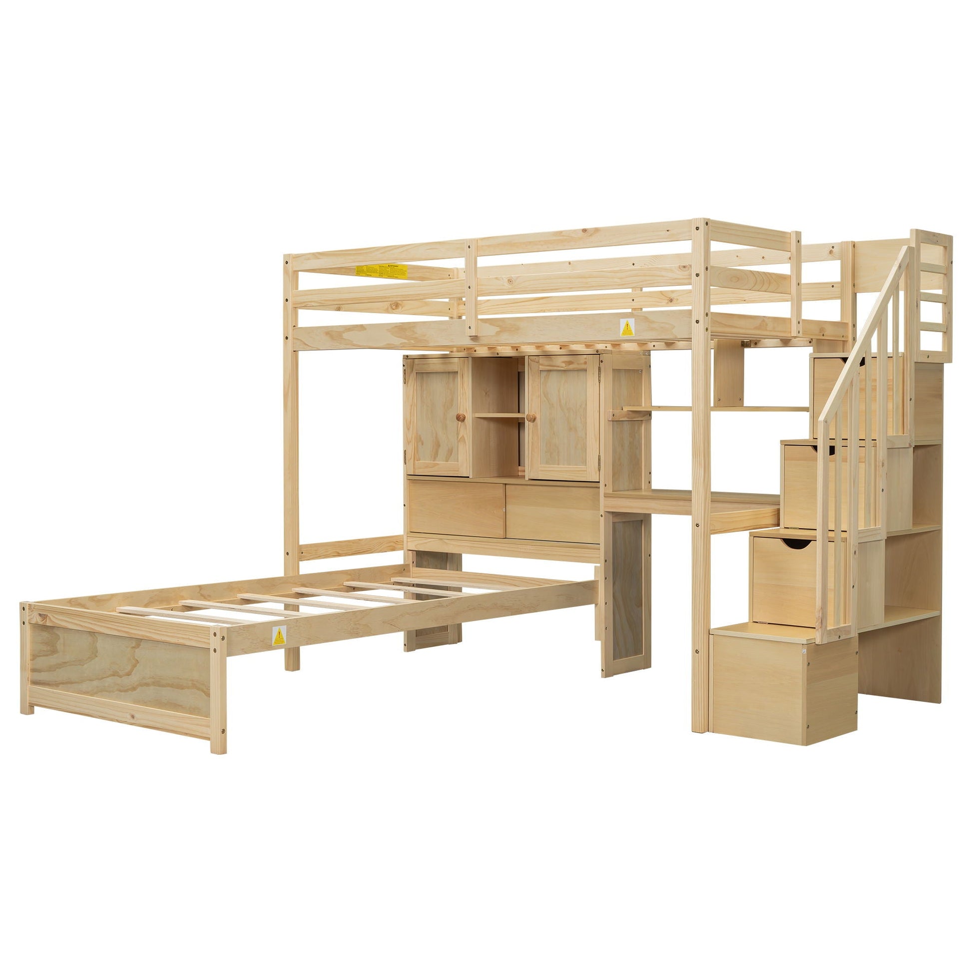 Loft bed with built-in desk and staircase in natural pine wood on Tampa Home & Garden Store