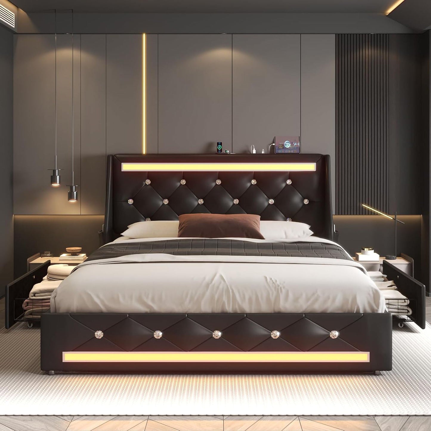 Wingback Upholstered Bed Frame Led and Usb