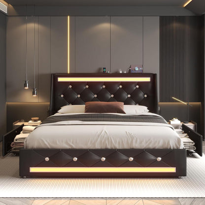 Wingback Upholstered Bed Frame Led and Usb