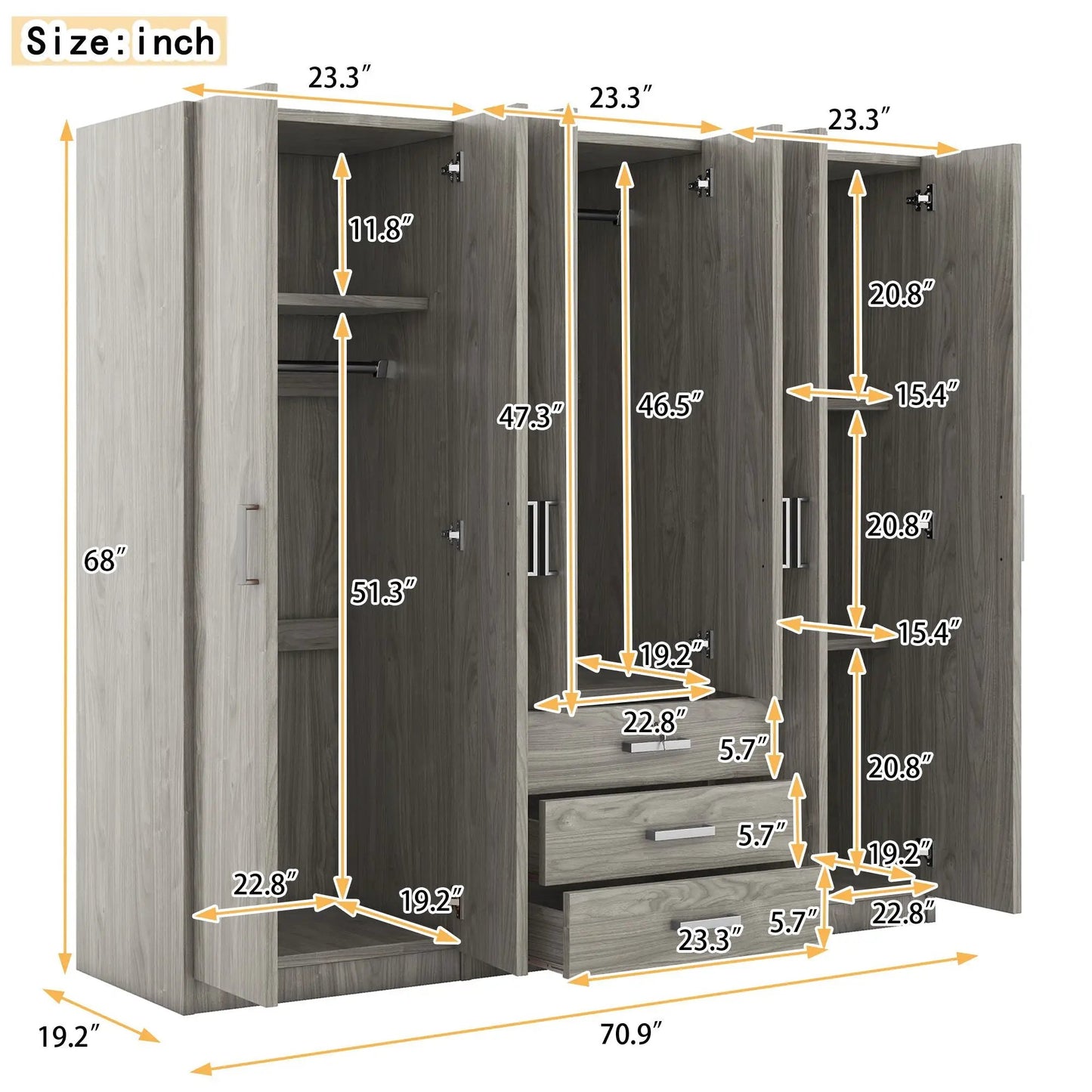 6 Doors Wardrobe Storage for Bedroom with Drawers