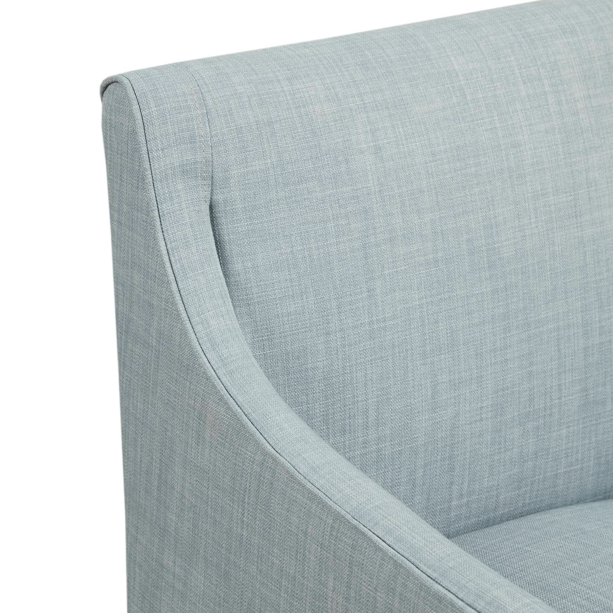 Traditional skirted dining arm chair in gray-blue upholstery fabric on Tampa Home & Garden Store