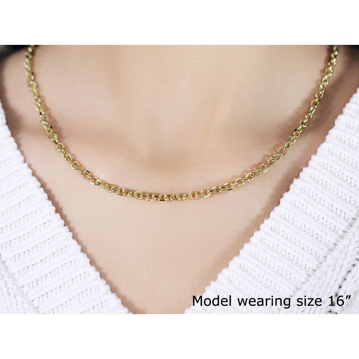 4.0mm 14k yellow gold diamond-cut cable link chain necklace worn on model on Tampa Home & Garden Store
