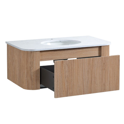 Wall mounted vanity in natural wood, marble top, sink, vertical slat doors HouseOfZazla on Tampa Home & Garden Store