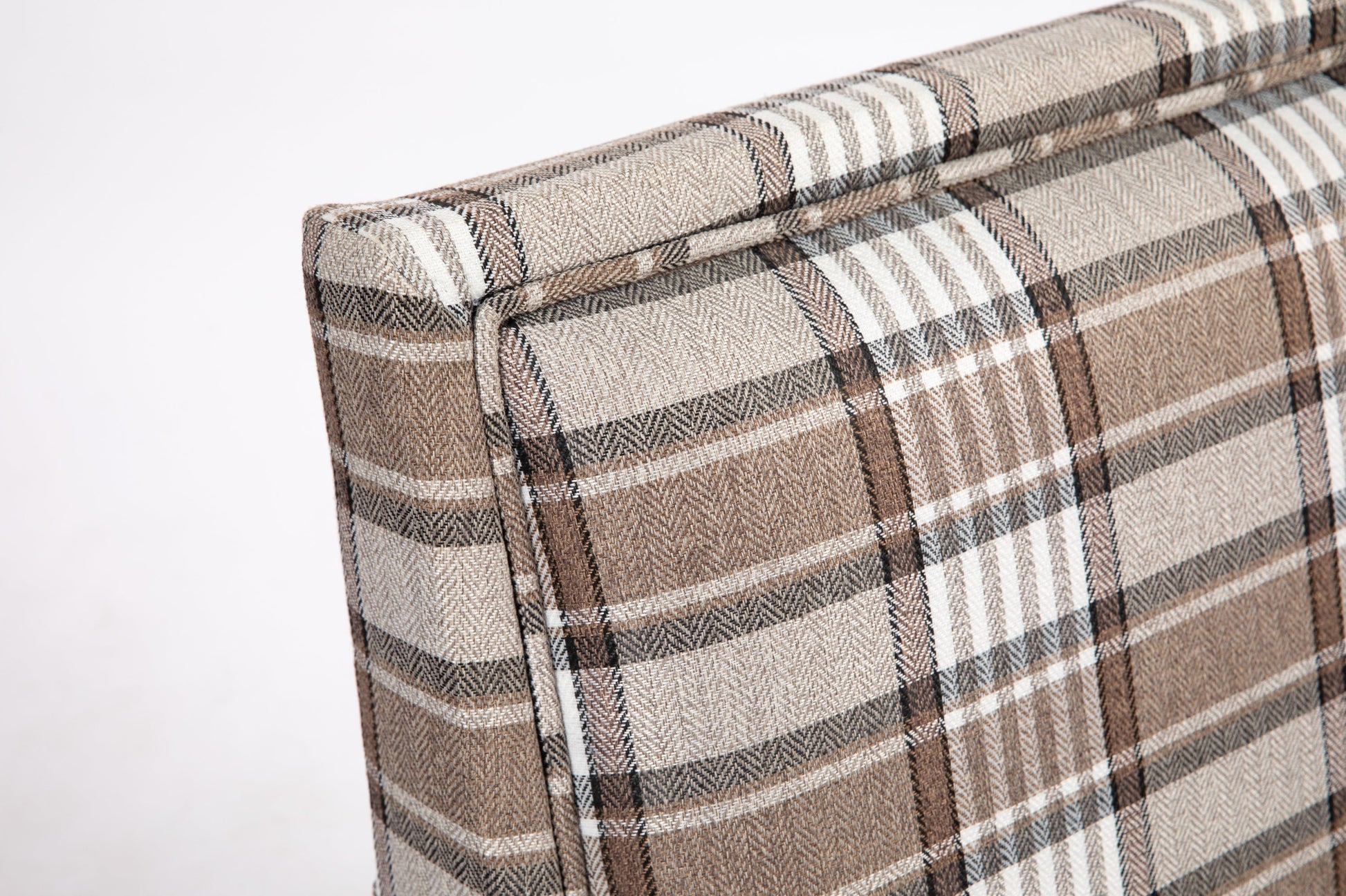 Upholstered Accent Chair by HouseOfZazla in brown plaid linen fabric with herringbone texture on Tampa Home & Garden Store