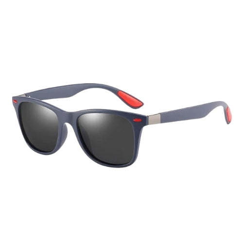 Polarized square sunglasses by BikerZoneZ, blue frame with red accents, UV400 driving on Tampa Home & Garden Store