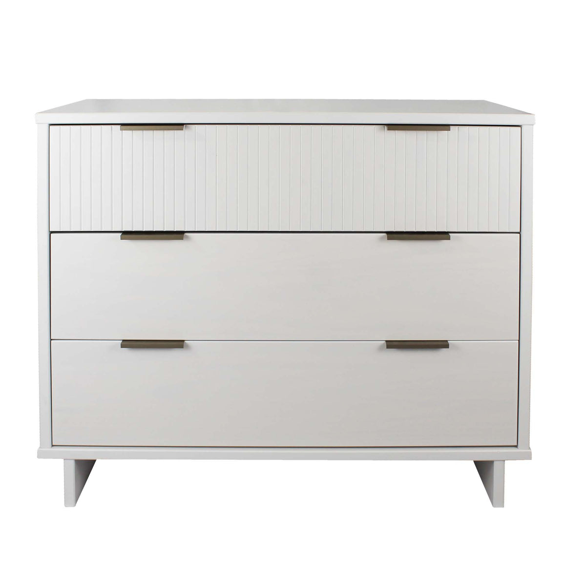 Solid wood 3-drawer dresser with ribbed fronts in white, brushed gold handles, mid-century legs on Tampa Home & Garden Store