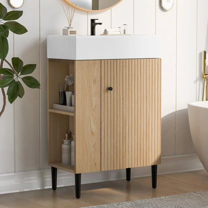 Bathroom vanity with white ceramic sink atop oak cabinet and legs by Unique Piece Furniture on Tampa Home & Garden Store