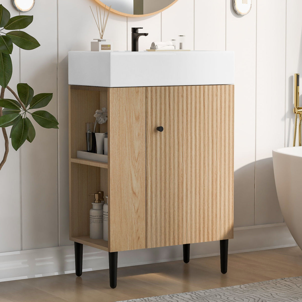 Bathroom Vanity with Single Ceramic Sink atop white basin and natural wood cabinet on Tampa Home & Garden Store
