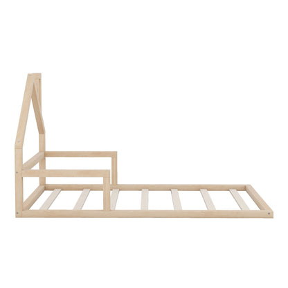 Floor bed with house-shaped headboard in natural wood, platform bed frame with slatted base on Tampa Home & Garden Store