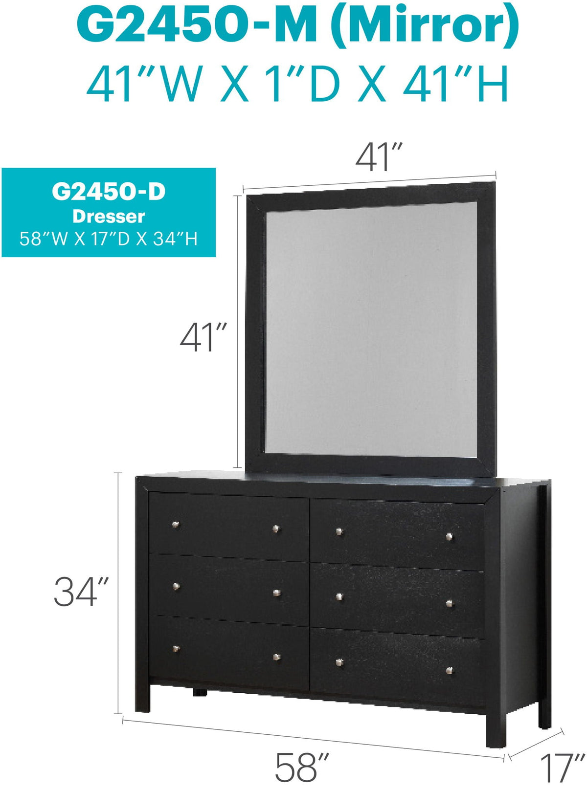 Elegant transitional black dresser with a rectangular mirror, four-drawer chest and silver knobs on Tampa Home & Garden Store
