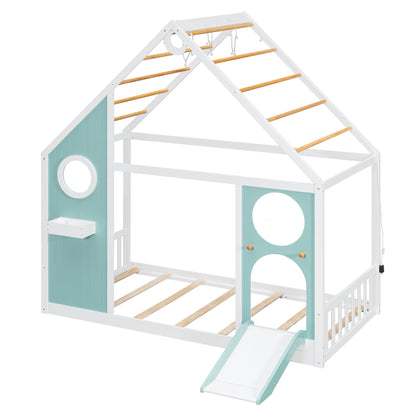 Twin House Bed with Slide ball light strip white frame teal panels wooden rungs on Tampa Home & Garden Store