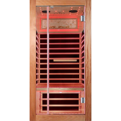 Single-Person Sauna Room in Ameican White Oak by HouseOfZazla with 7 plates and red lighting on Tampa Home & Garden Store