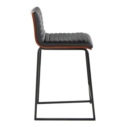 Contemporary tufted counter stools set of 2 in black leather with wood trim on metal legs on Tampa Home & Garden Store