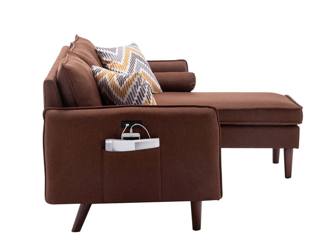 Mia sectional sofa chaise in brown fabric with USB charger pocket and pillows on Tampa Home & Garden Store