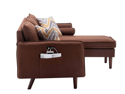 Mia sectional sofa chaise in brown fabric with USB charger pocket and pillows on Tampa Home & Garden Store