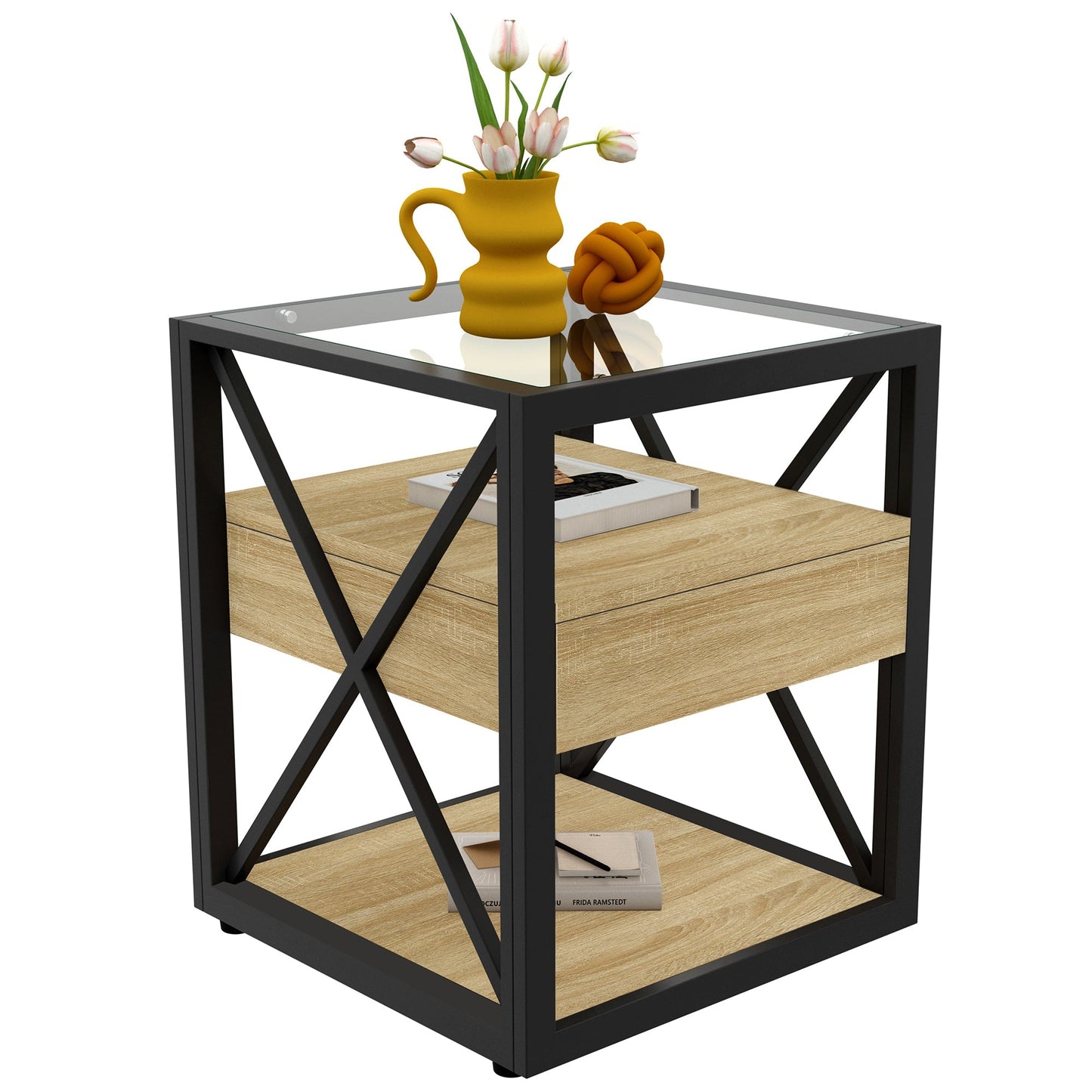 End table with black metal frame, glass top and natural wood shelf, HouseOfZazla on Tampa Home & Garden Store