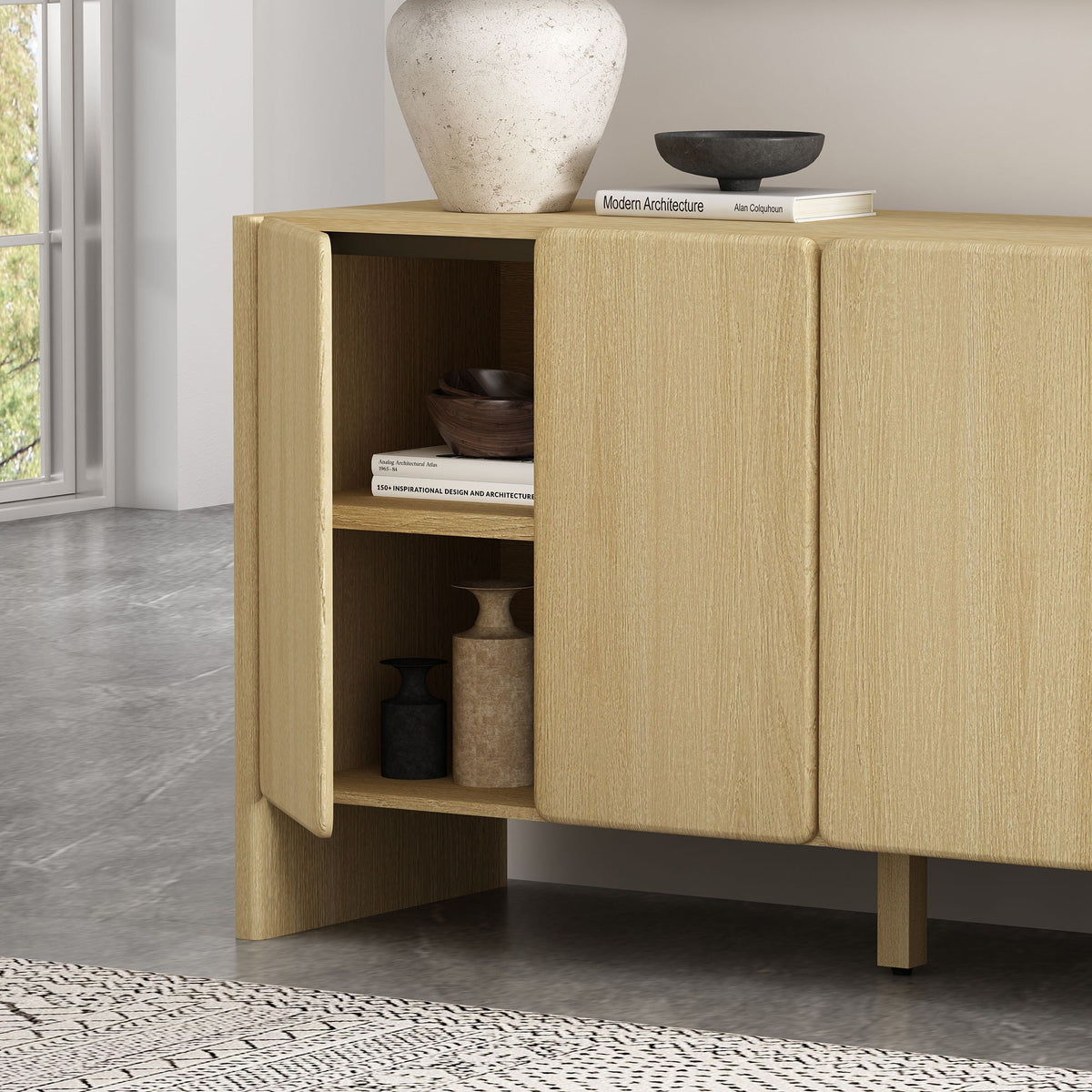 Linda Sideboard in light oak with adjustable shelves softclose doors; vase and bowl atop on Tampa Home & Garden Store