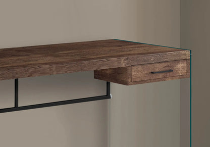 Contemporary wooden writing desk with storage drawer, dark oak teal glass edge, metal legs on Tampa Home & Garden Store