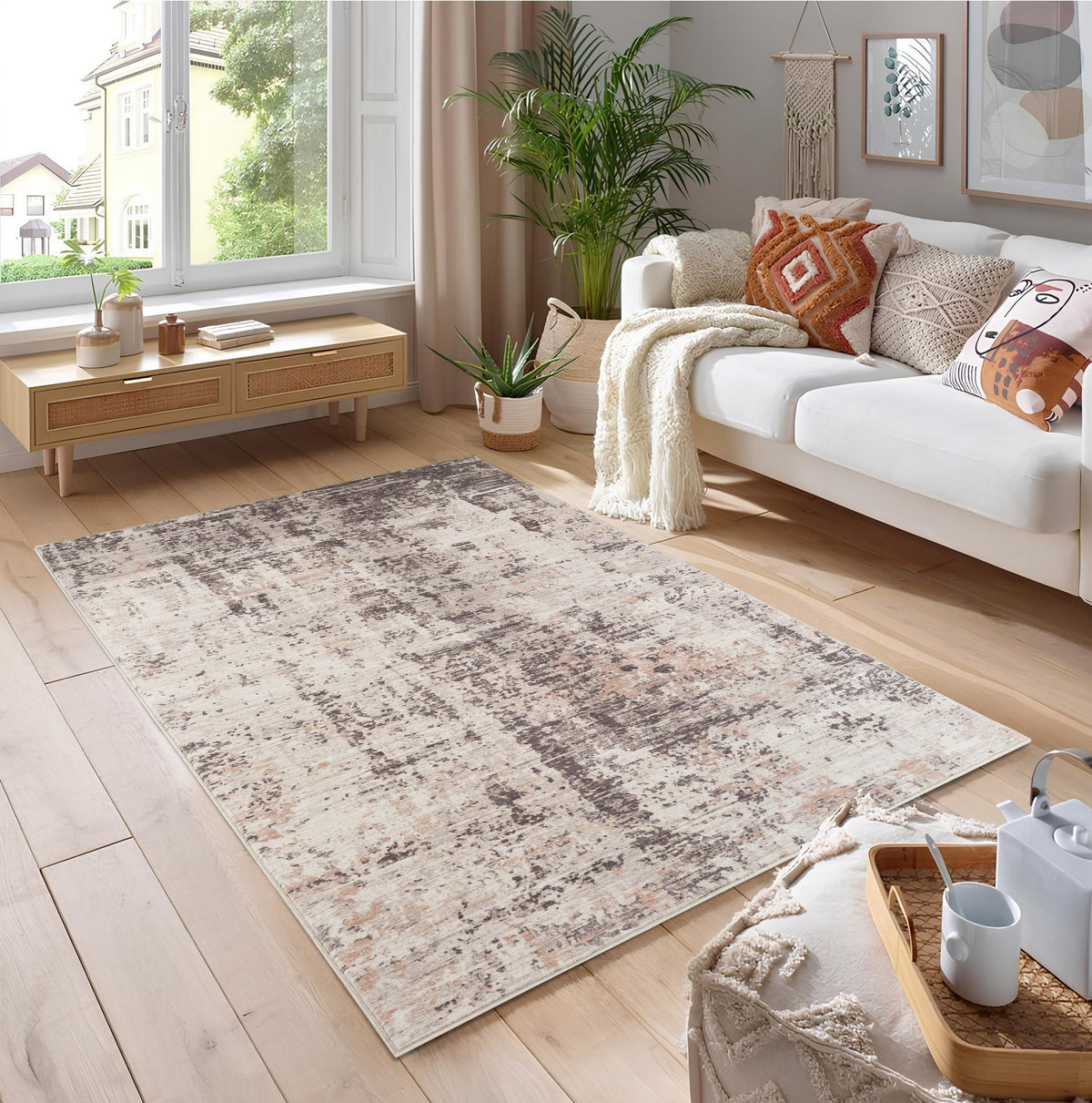 Jewel Abstract Area Rug, cream and taupe tones with distressed pattern, durable polyester on Tampa Home & Garden Store