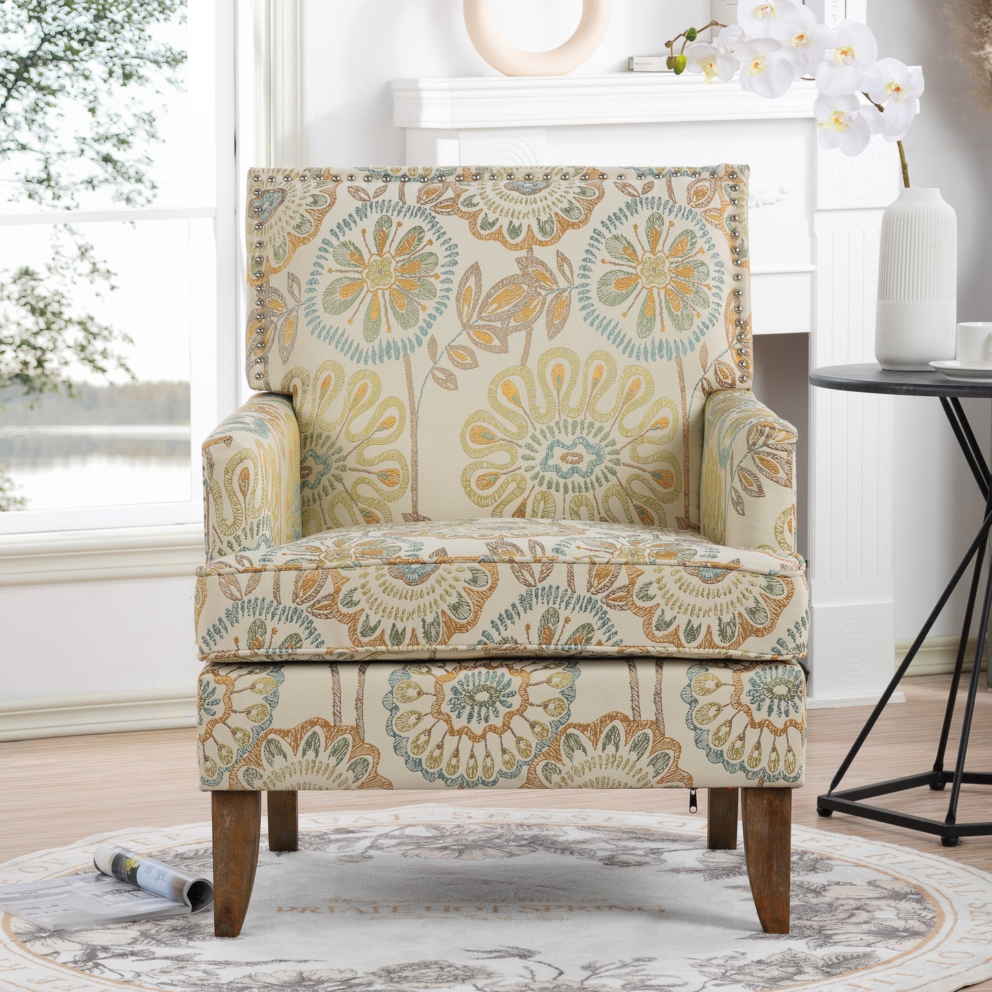 Accent chair with cream floral pattern, multicolor upholstery, nailhead trim HouseOfZazla on Tampa Home & Garden Store