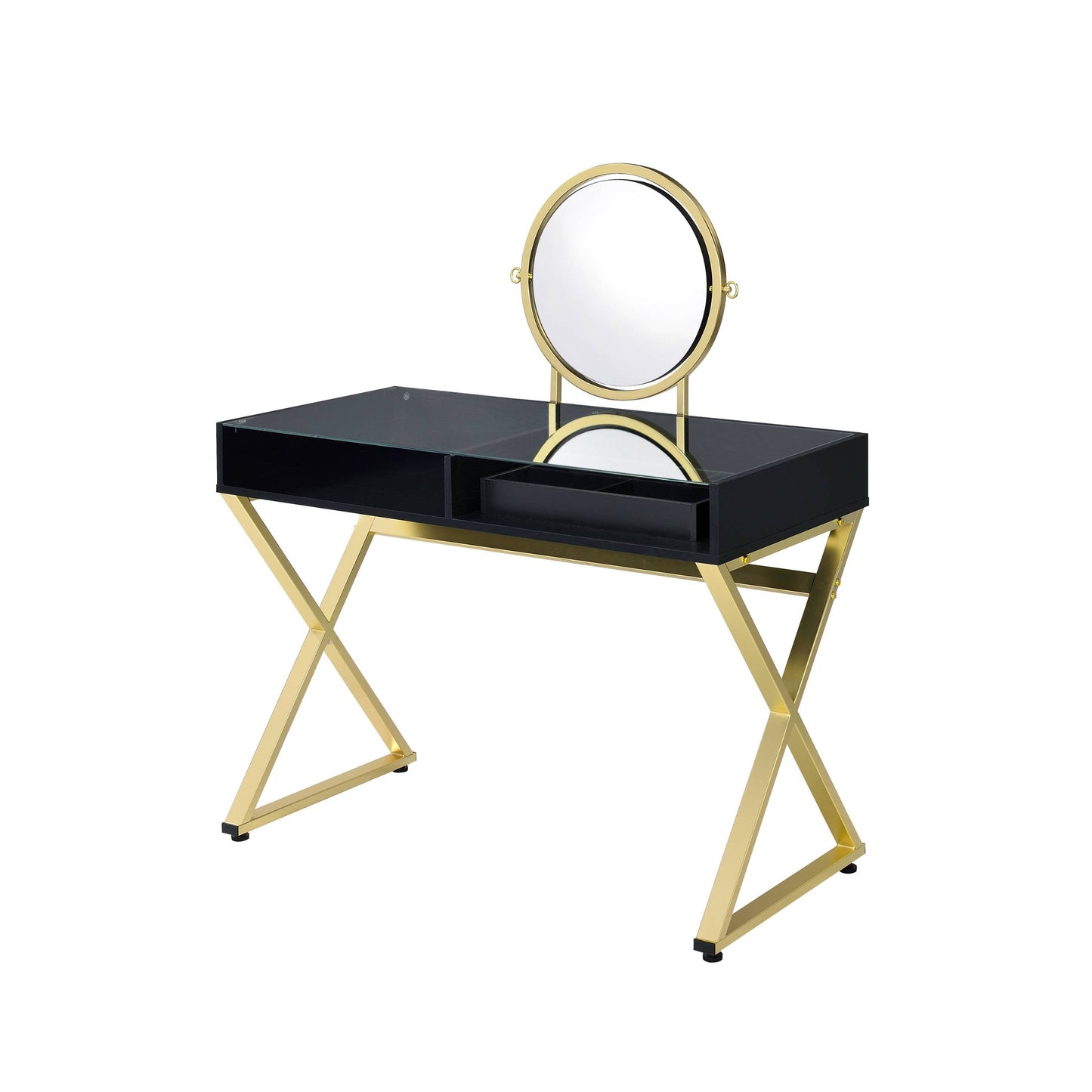 Black and gold vanity desk with round mirror and glass top by HouseOfZazla on Tampa Home & Garden Store