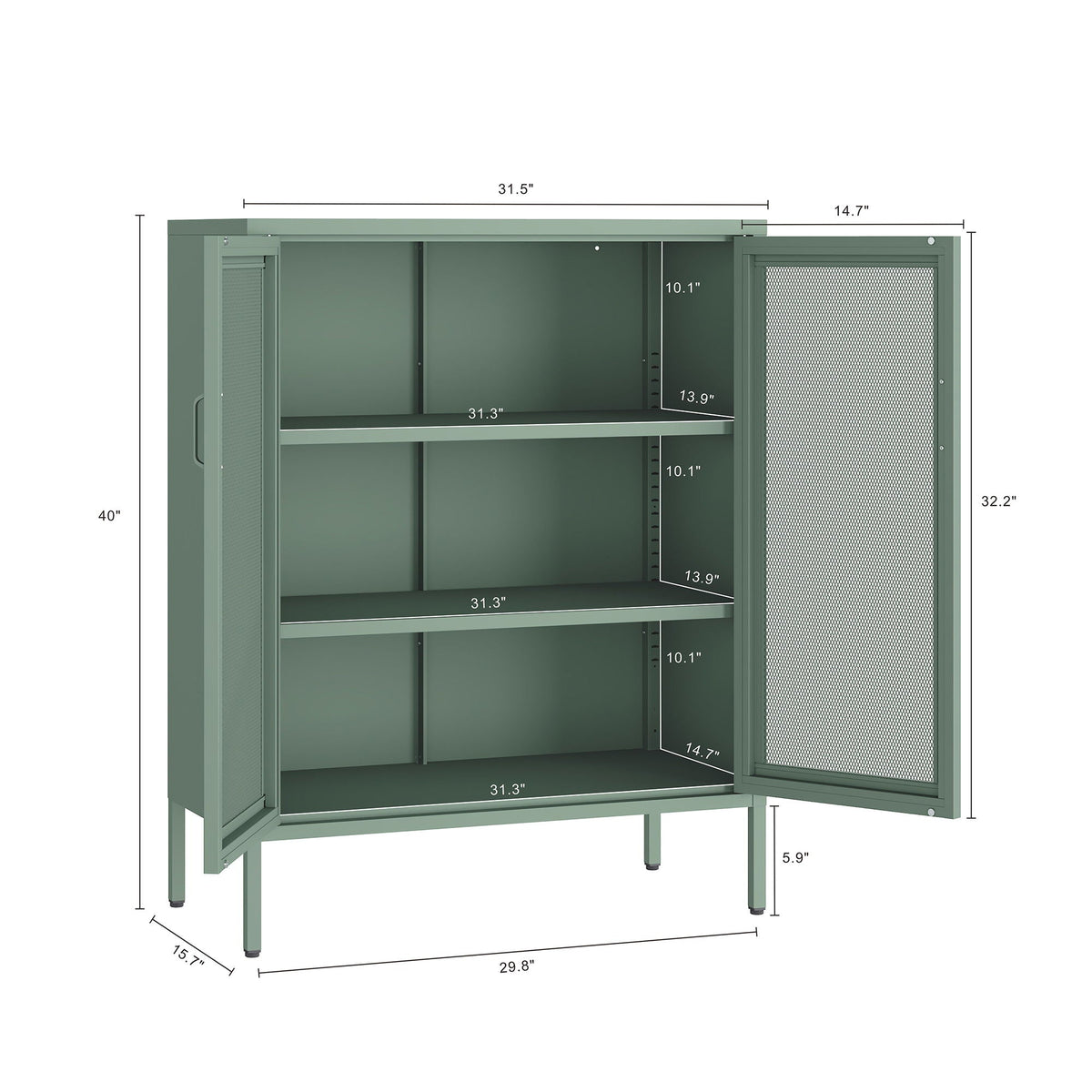 Metal accent cabinet with adjustable shelves in green by HouseOfZazla 31.5 in wide on Tampa Home & Garden Store
