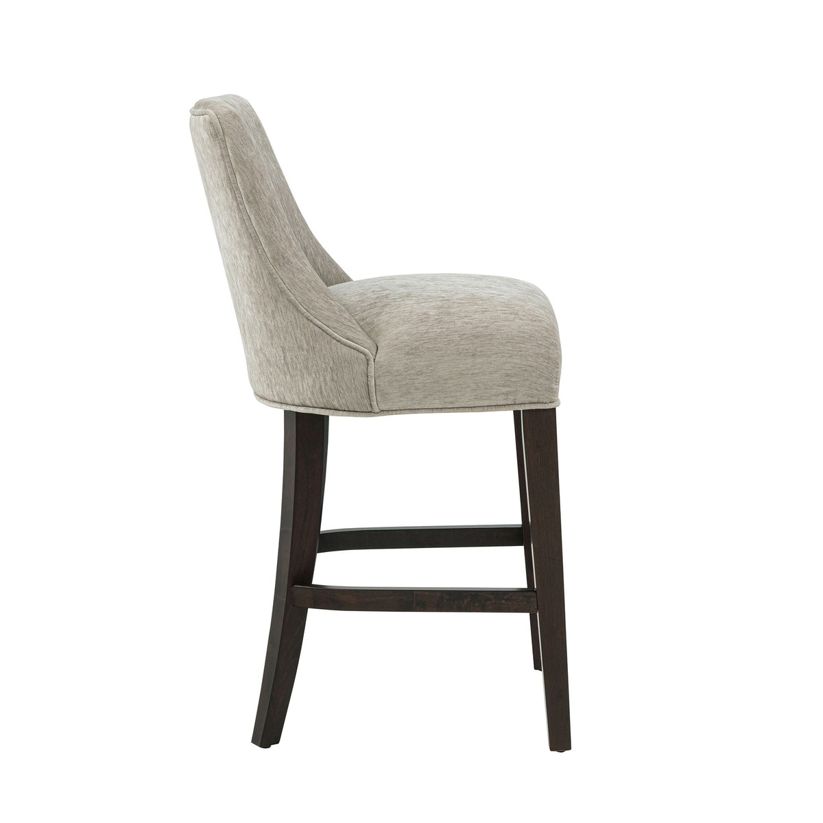 Beige upholstered counter stool with backrest and footrest, dark wood legs, 24-27 in height on Tampa Home & Garden Store