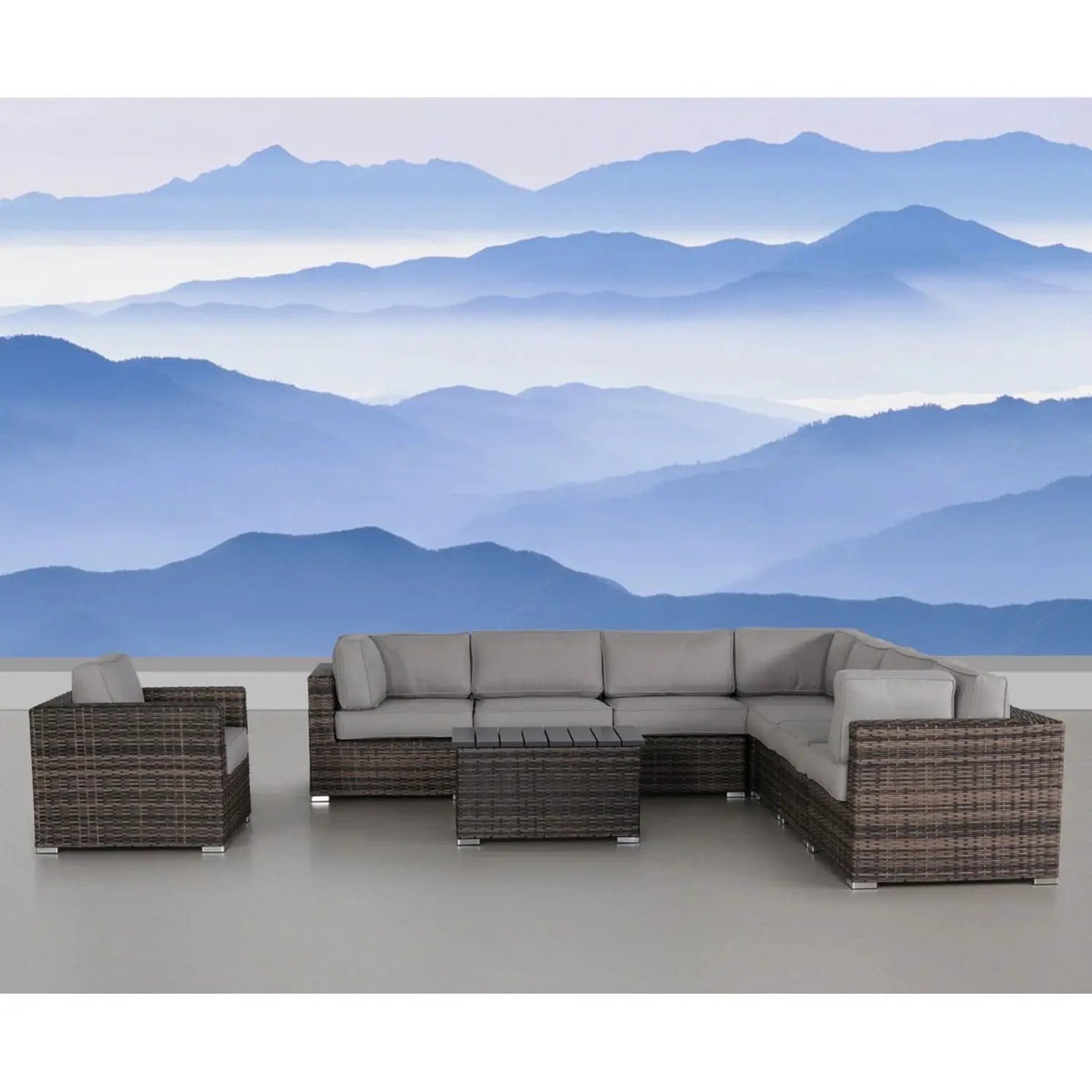 Stylish Entertainment Sectional Set 3 Piece Outdoor Wicker with gray cushions and coffee table on Tampa Home & Garden Store