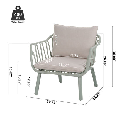 Pair of Huron Outdoor Club Chairs with taupe cushions and gray metal frames on Tampa Home & Garden Store