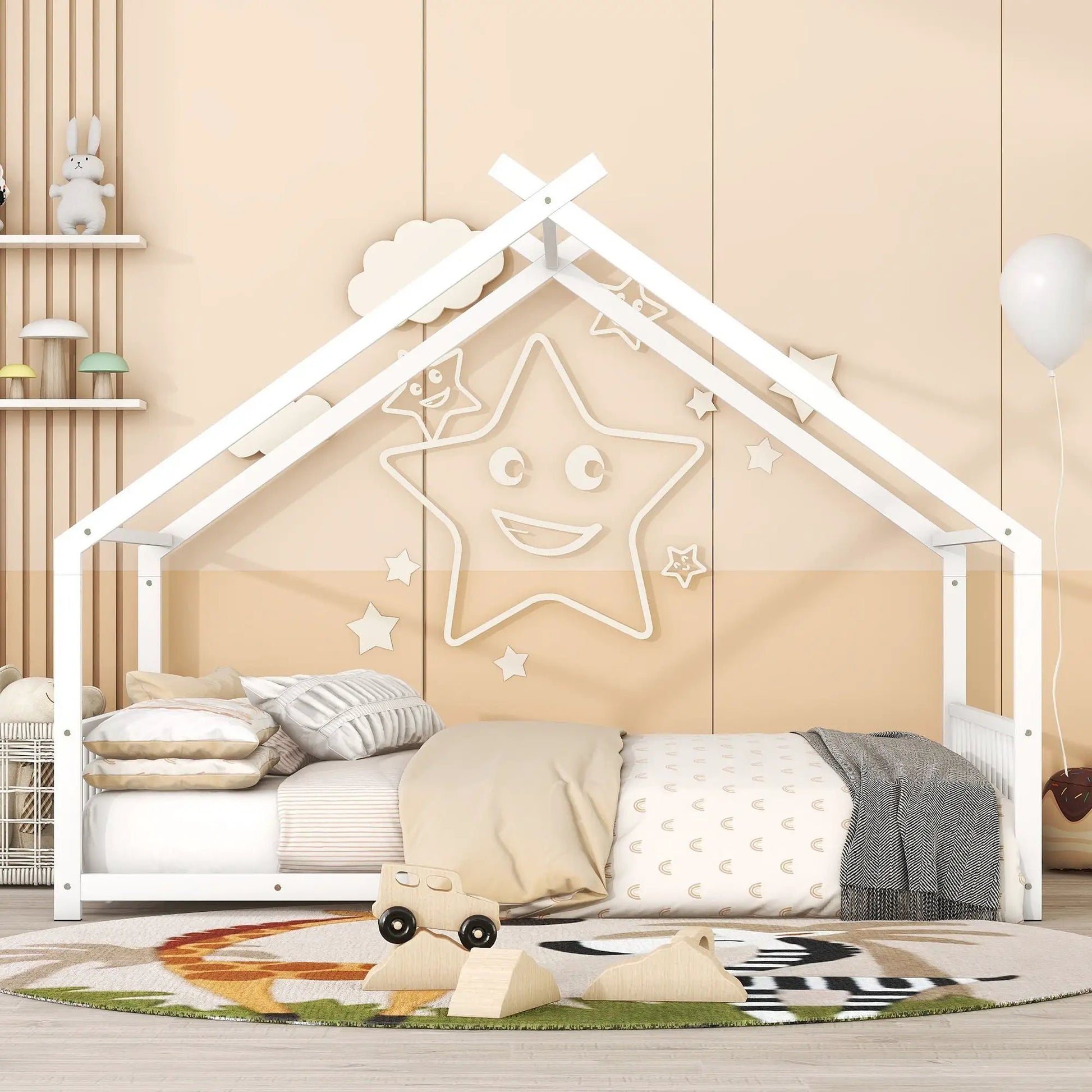 Metal House Bed frame by Unique Piece Furniture, white canopy bed with beige bedding on Tampa Home & Garden Store