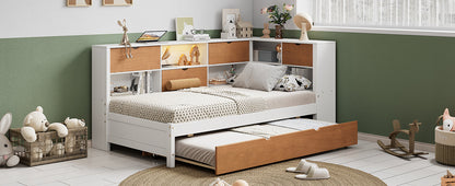 L-shaped bed frame with luggage and bookshelf, corner bed wooden captain's bed LED tube light and USB port walnut and white - Tampa Home & Garden Store