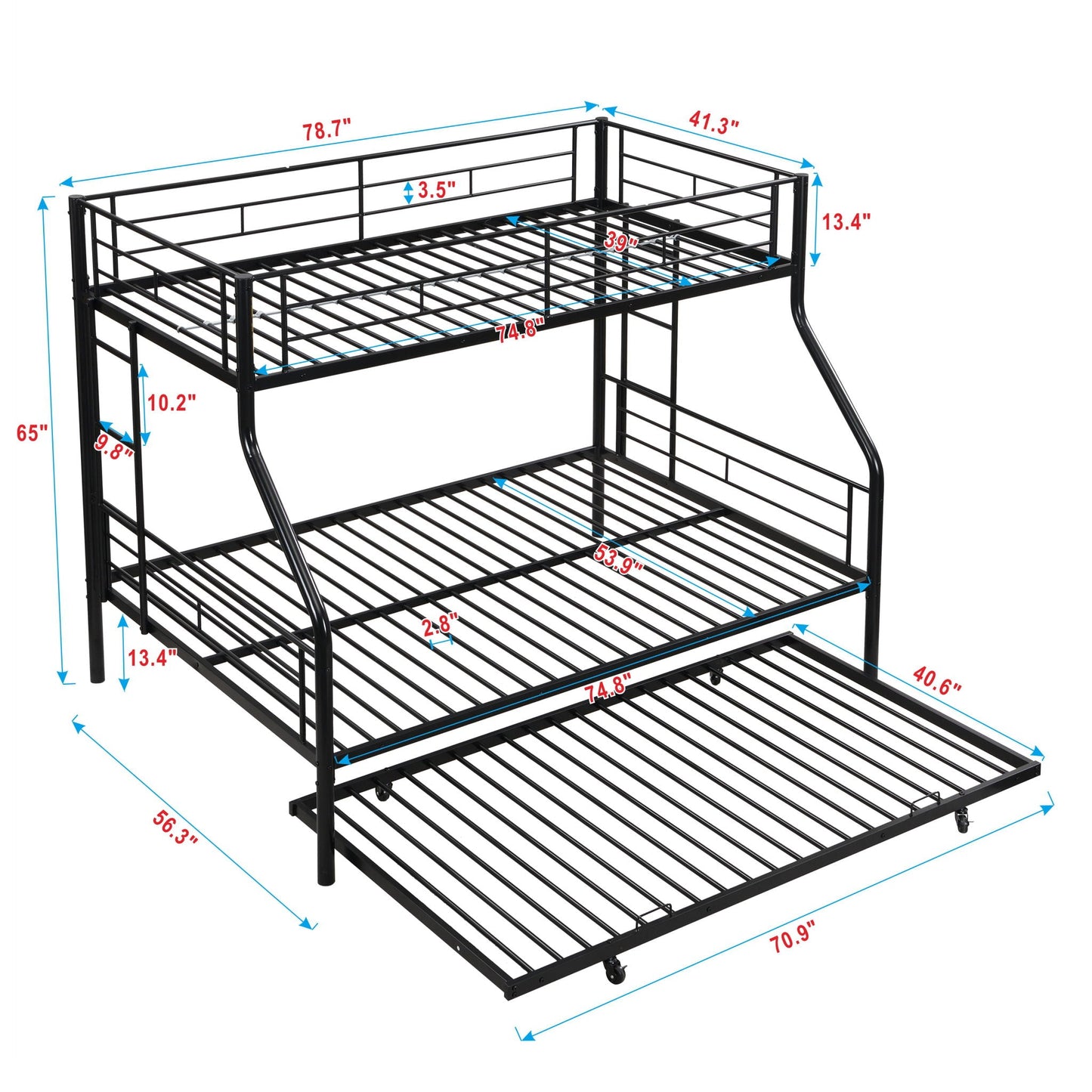 Modern metal bunk bed frame in black with top guard rails and ladder on Tampa Home & Garden Store