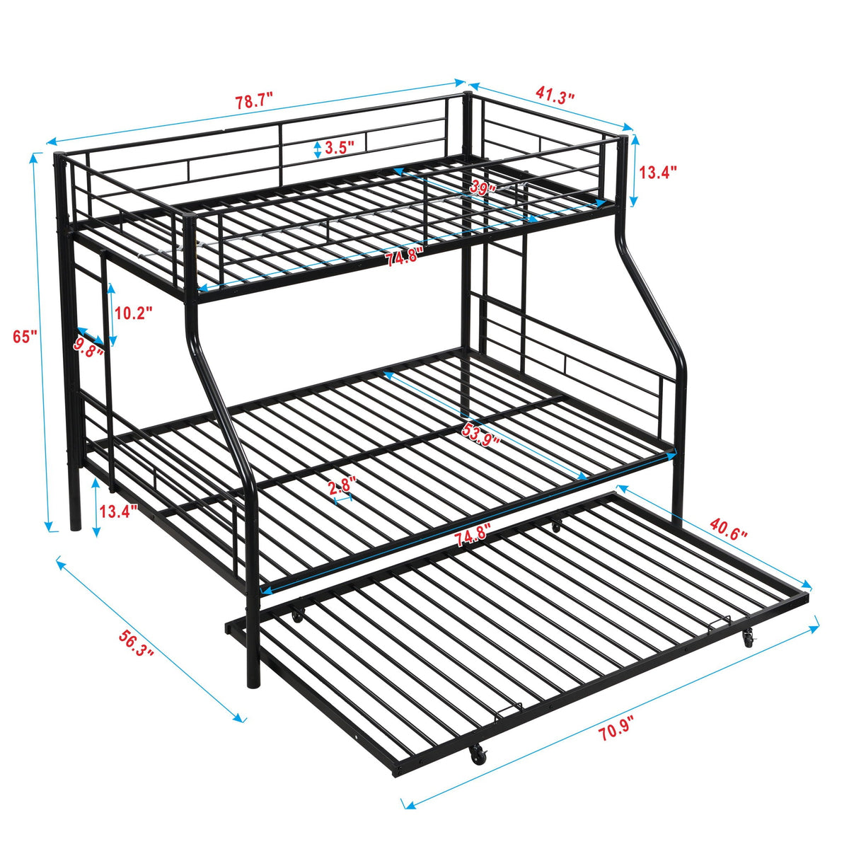Modern metal bunk bed frame in black with top guard rails and ladder on Tampa Home & Garden Store