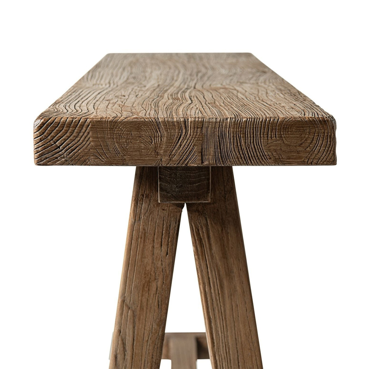 Trestle coffee table solid reclaimed elm with dark brown finish and sturdy trestle base on Tampa Home & Garden Store