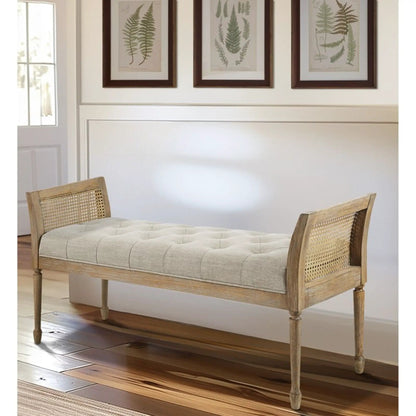 Accent Bench With Arm - Natural wood frame, gray upholstered cushion, cane-woven sides on Tampa Home & Garden Store