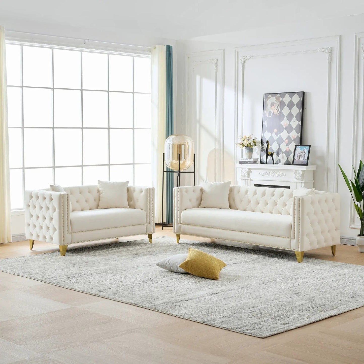 Deep seat sofa with button nailhead and square arms in white tufted upholstery; set of 2 sofas on Tampa Home & Garden Store