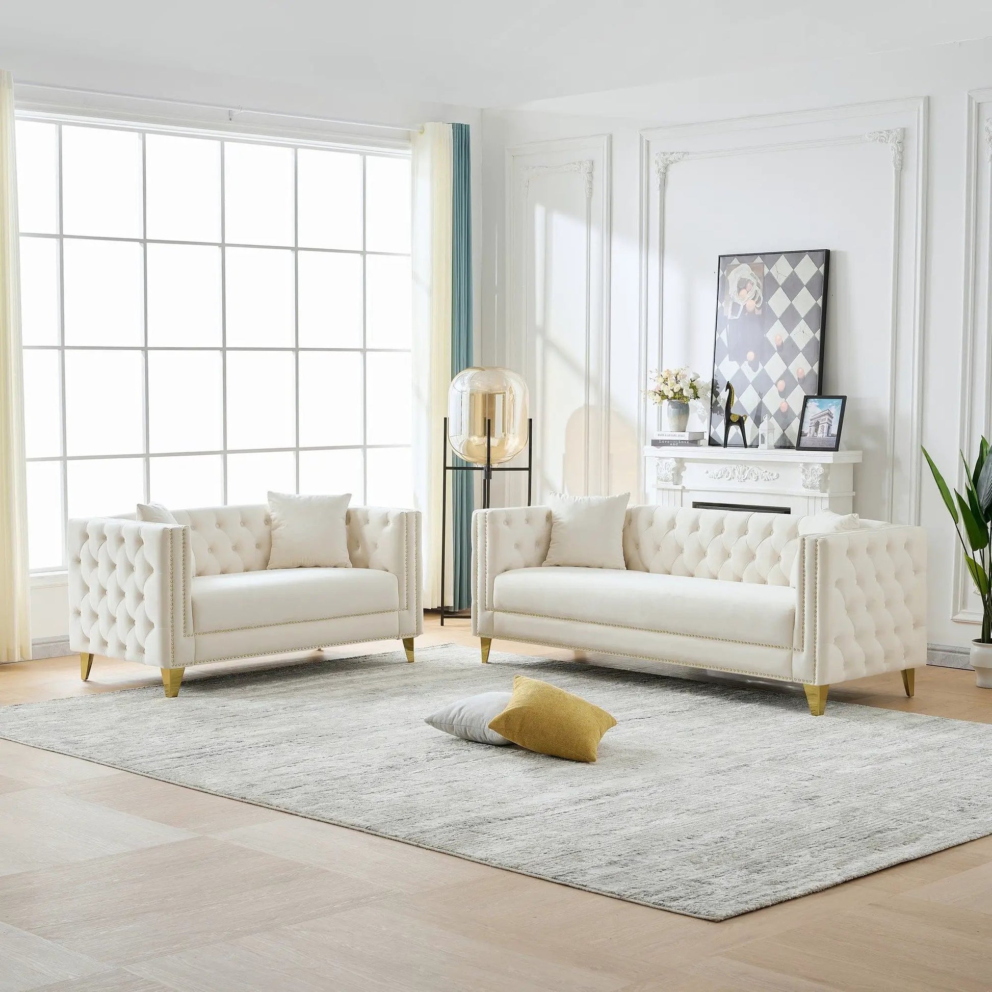 Deep seat sofa with button nailhead and square arms in white tufted upholstery; set of 2 sofas on Tampa Home & Garden Store