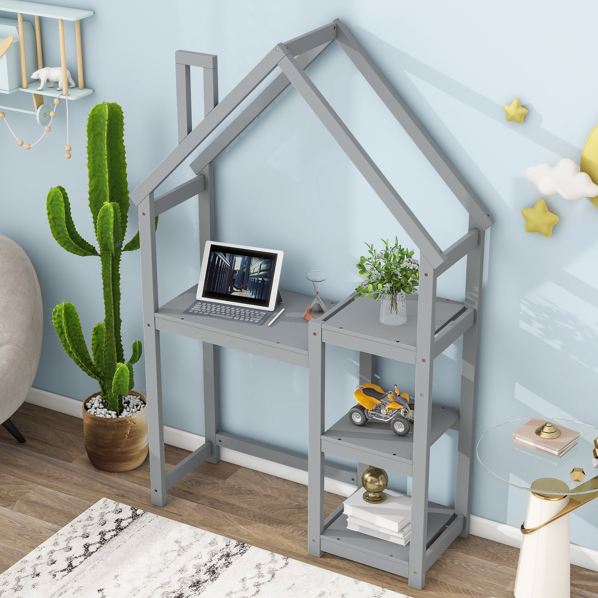 House-shaped Wooden writing Desk,Kids study Table,Bookshelf & Toy Storage,Grey - Tampa Home & Garden Store