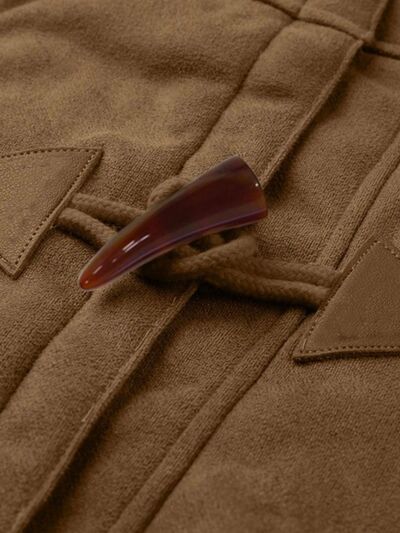 Full Size Pocketed Long Sleeve Hooded Toggle Jacket brown fleece with horn toggle on Tampa Home & Garden Store