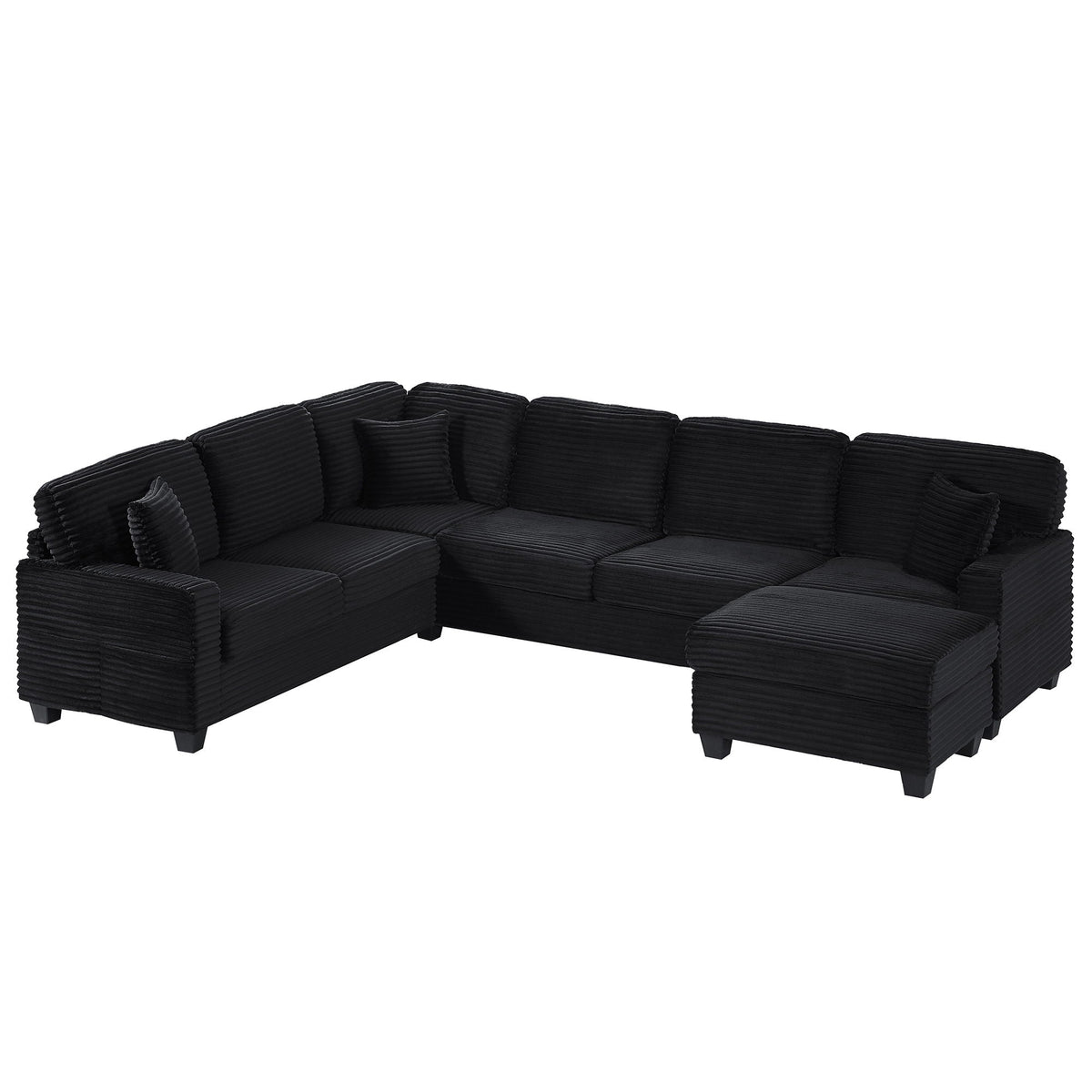 Upholstered U-shaped two-piece sectional sofa with movable ottoman in black ribbed fabric on Tampa Home & Garden Store